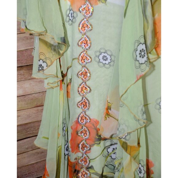 Middle East Arabian Green Floral Maxi Evening Dress Gown  XL 1X Sequin Ruffles - Picture 10 of 16